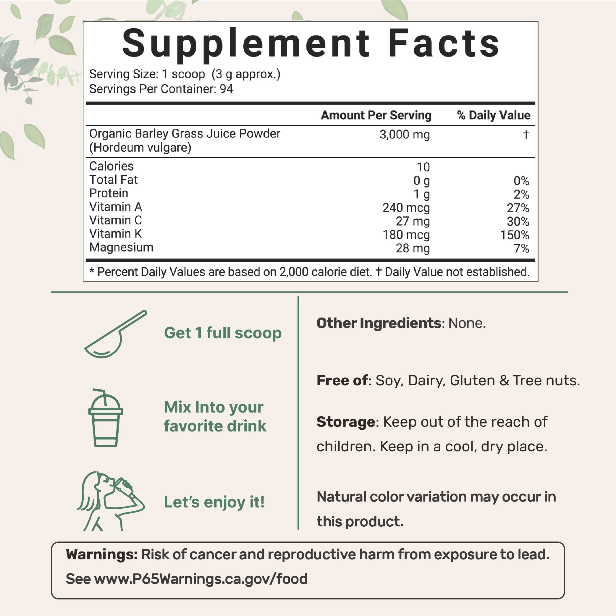 Micro Ingredients Organic Barley Grass Juice Powder, 10 Ounce