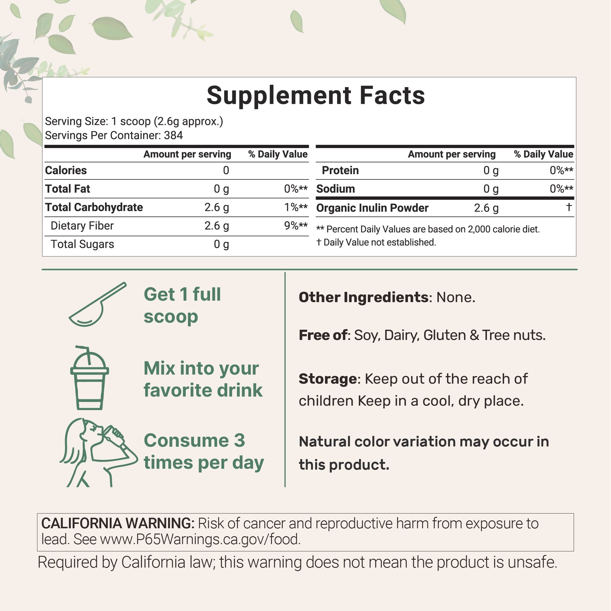 Micro Ingredients Unflavored Organic Inulin FOS Powder - 2.2 Pounds