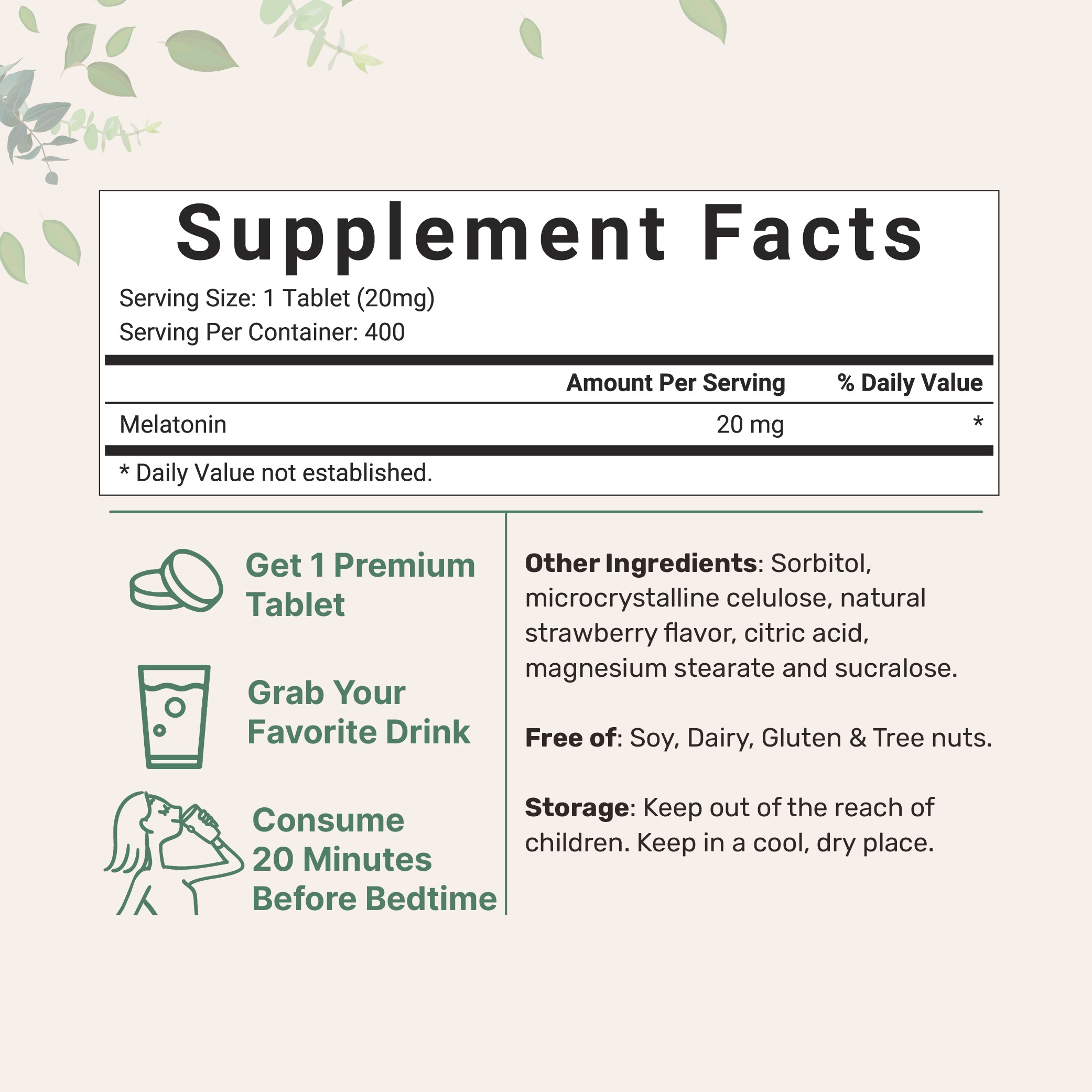 Micro Ingredients Melatonin 20mg Tablets, 400 Counts, Natural Strawberry Flavor