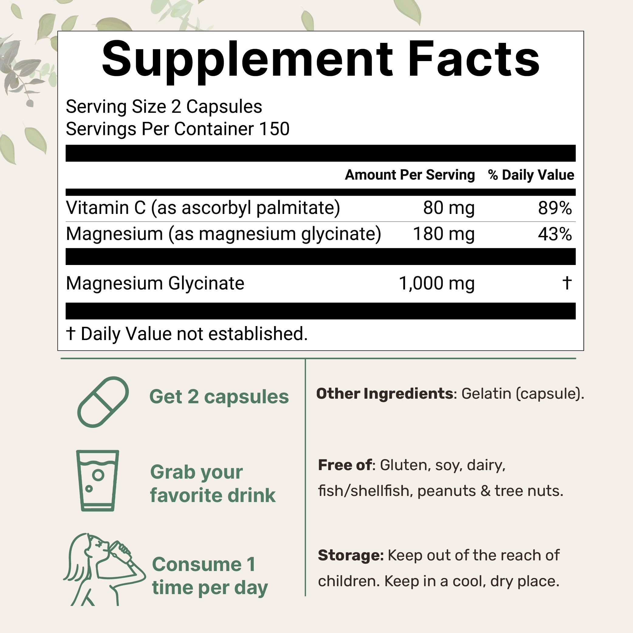 Micro Ingredients Pure Magnesium Glycinate 1,000mg Per Serving, 300 Capsules