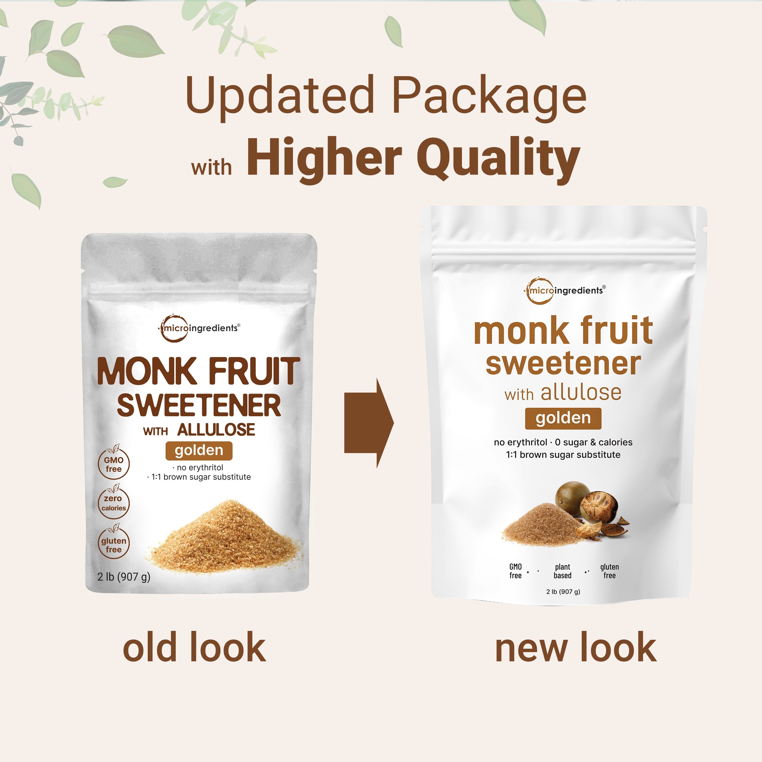 Micro Ingredients Golden Monk Fruit with Allulose Sweetener, 2 Lb – 1:1 Brown Sugar Substitute - Without Erythritol, Zero Calorie, Great for Drinks, Coffee, Tea, Cookies | Keto, Vegan, Non-GMO