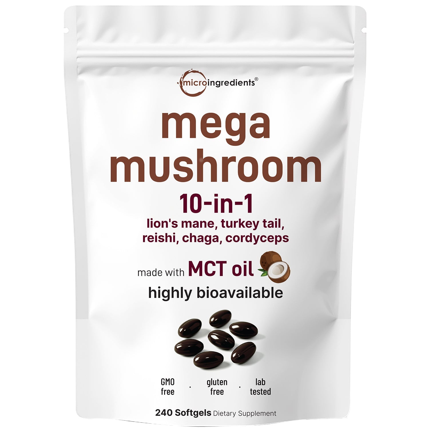 Micro Ingredients Mega Mushroom 10-in-1 with MCT Oil, 240 Softgels