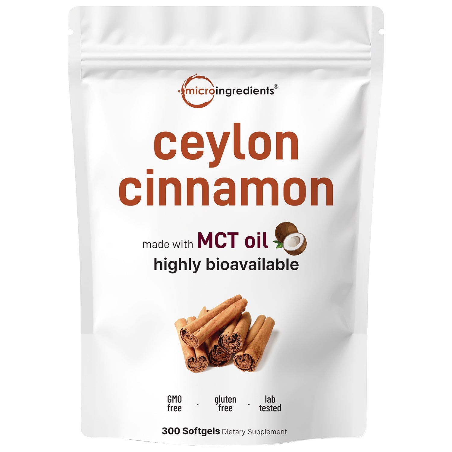 Micro Ingredients Ceylon Cinnamon 7,200mg Equivalent, 300 Softgels with MCT Oil