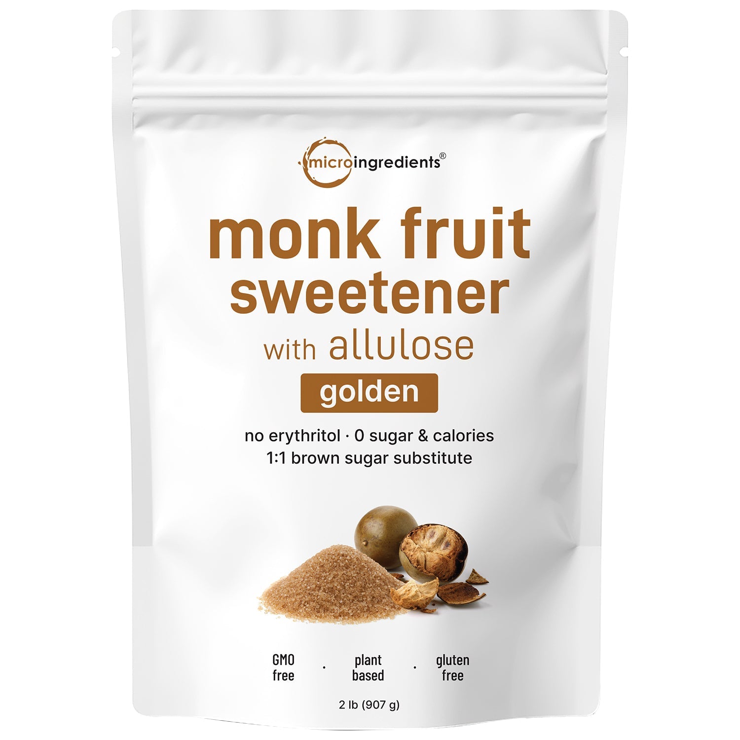 Micro Ingredients Golden Monk Fruit with Allulose Sweetener, 2 Lb – 1:1 Brown Sugar Substitute - Without Erythritol, Zero Calorie, Great for Drinks, Coffee, Tea, Cookies | Keto, Vegan, Non-GMO