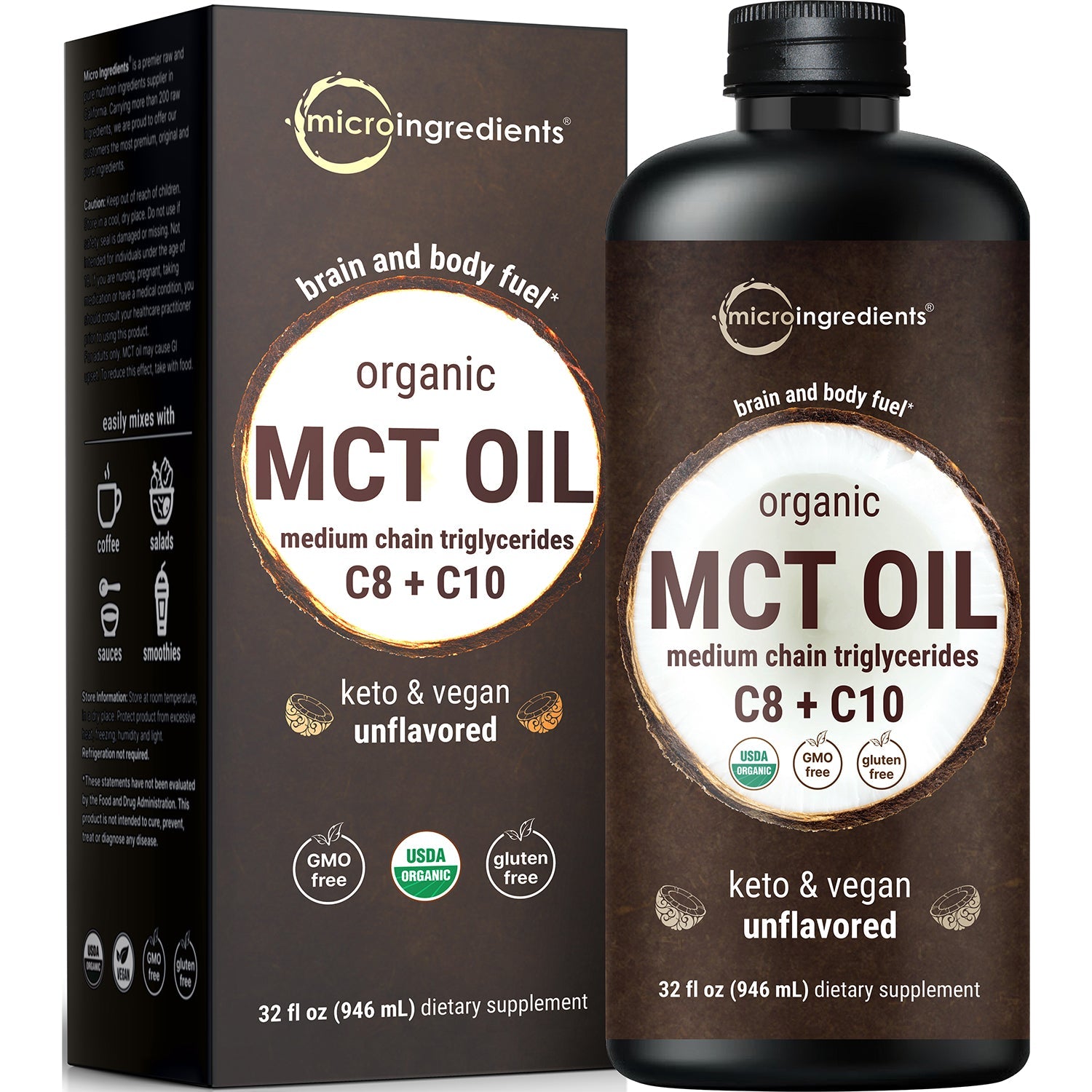 Micro Ingredients Organic MCT Oil, 32 fl oz | Rich in C8 + C10 Fatty Acid
