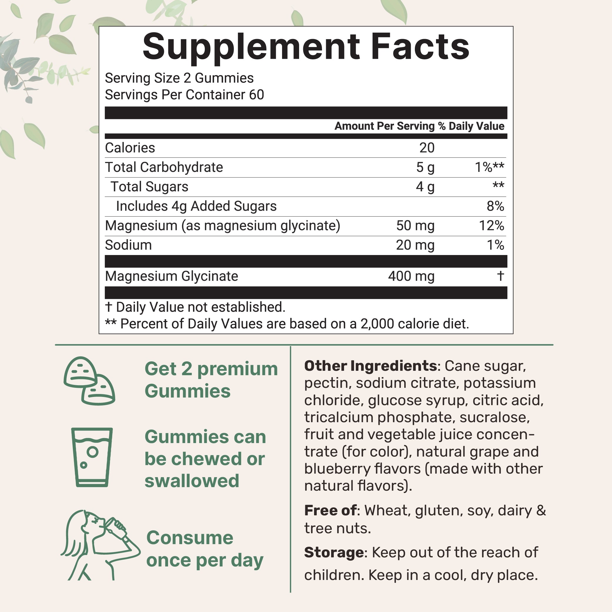 Magnesium Glycinate Gummies 400mg Per Serving, 120 Count