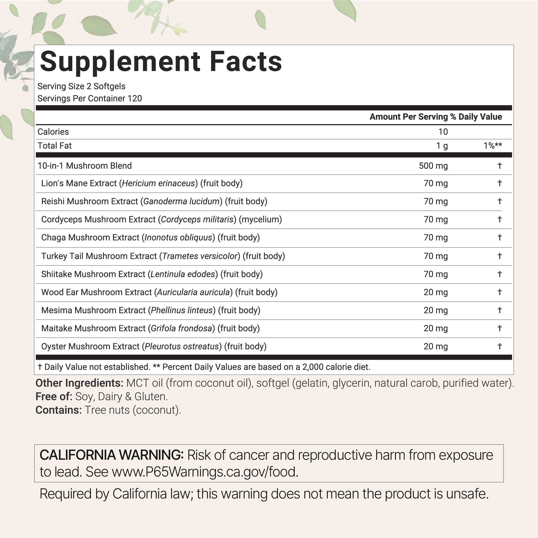 Micro Ingredients Mega Mushroom 10-in-1 with MCT Oil, 240 Softgels