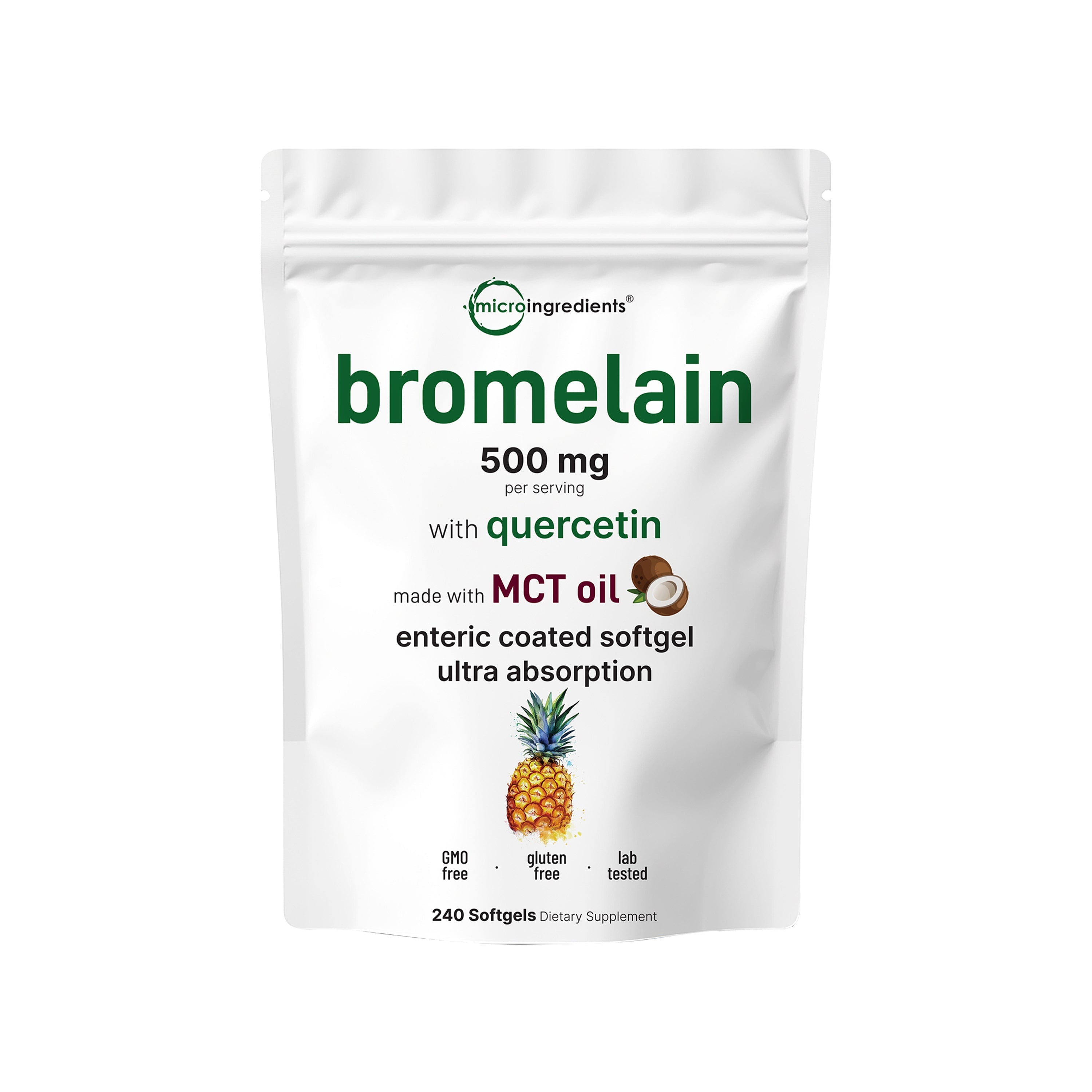 Micro Ingredients Bromelain 500mg with Quercetin & MCT Oil, 240 Enteric Coated Softgels