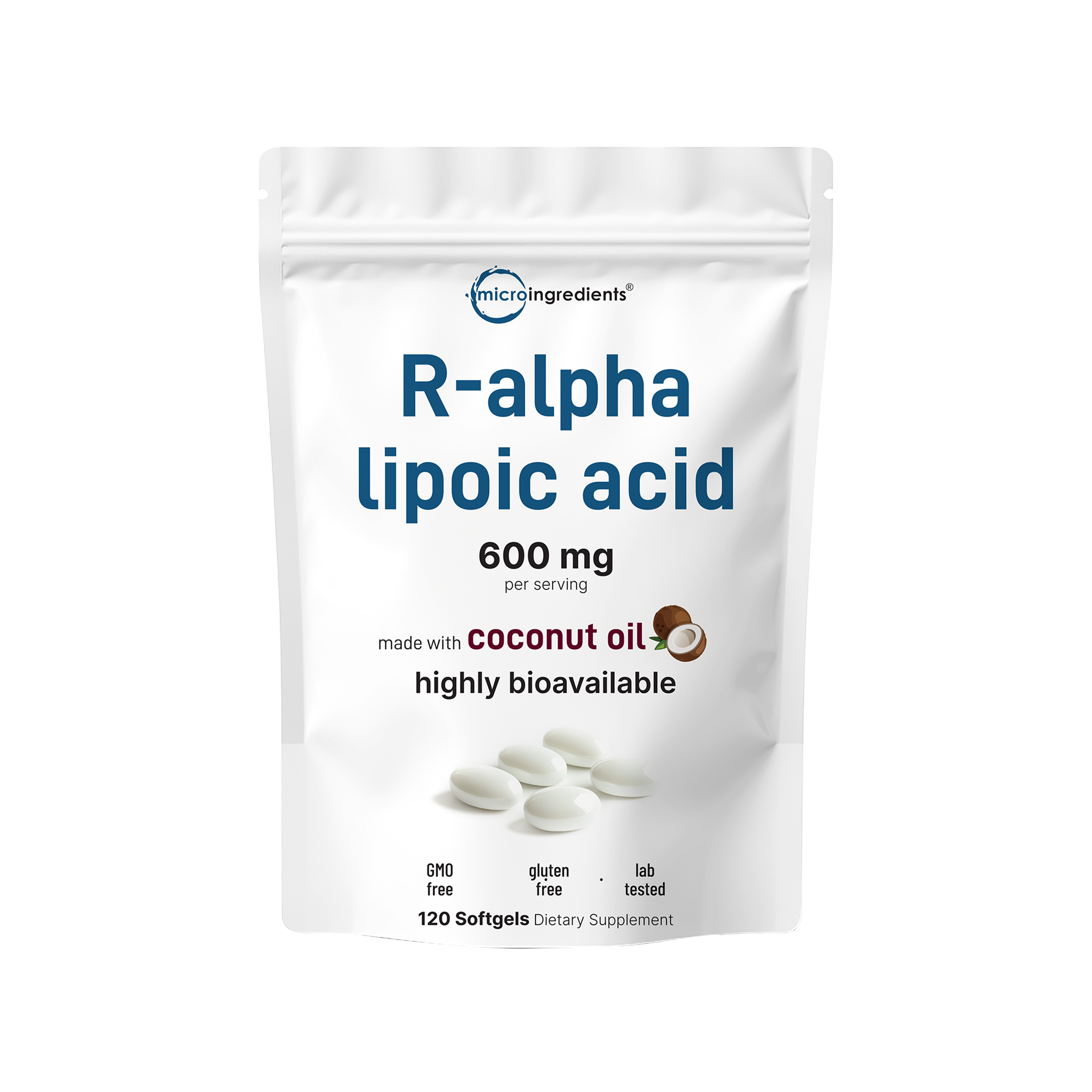 Micro Ingredients R Alpha Lipoic Acid 600mg with Coconut Oil, 120 Softgels