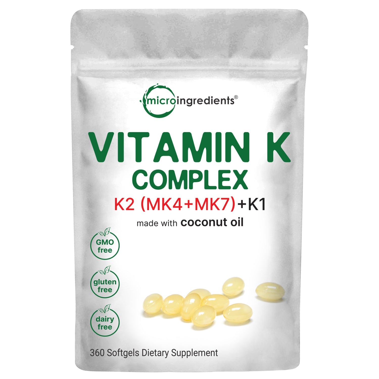 Micro Ingredients Vitamin K2 MK-4 + MK-7 & K1 Supplement, 360 Softgles with Coconut Oil